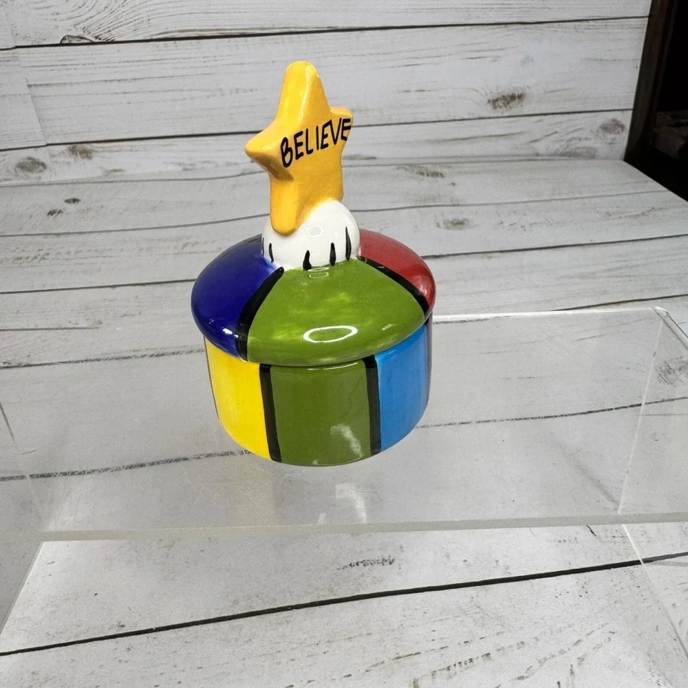 Colorful Ceramic Trinket Box Believe Star Lid Hand Painted Striped Heart Inside